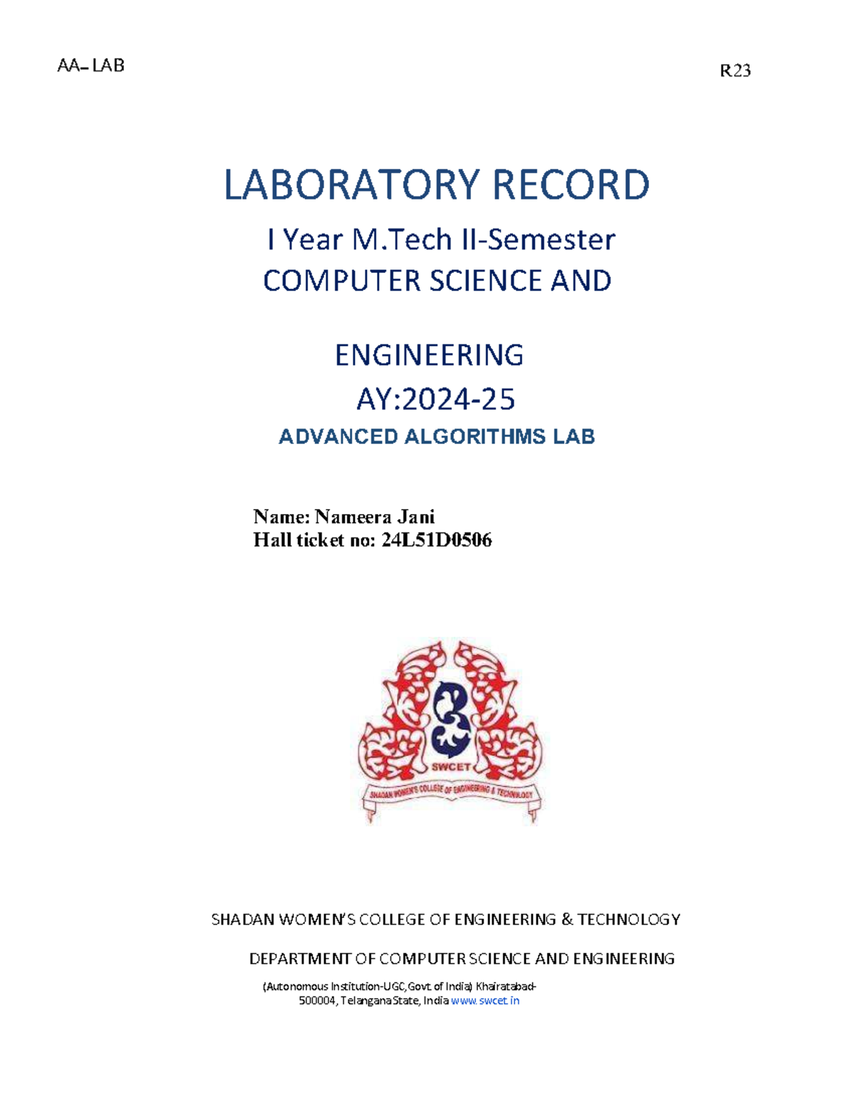 LAB R23 Advanced Algorithms Lab Record - M.Tech CSE Final Exam - Studocu