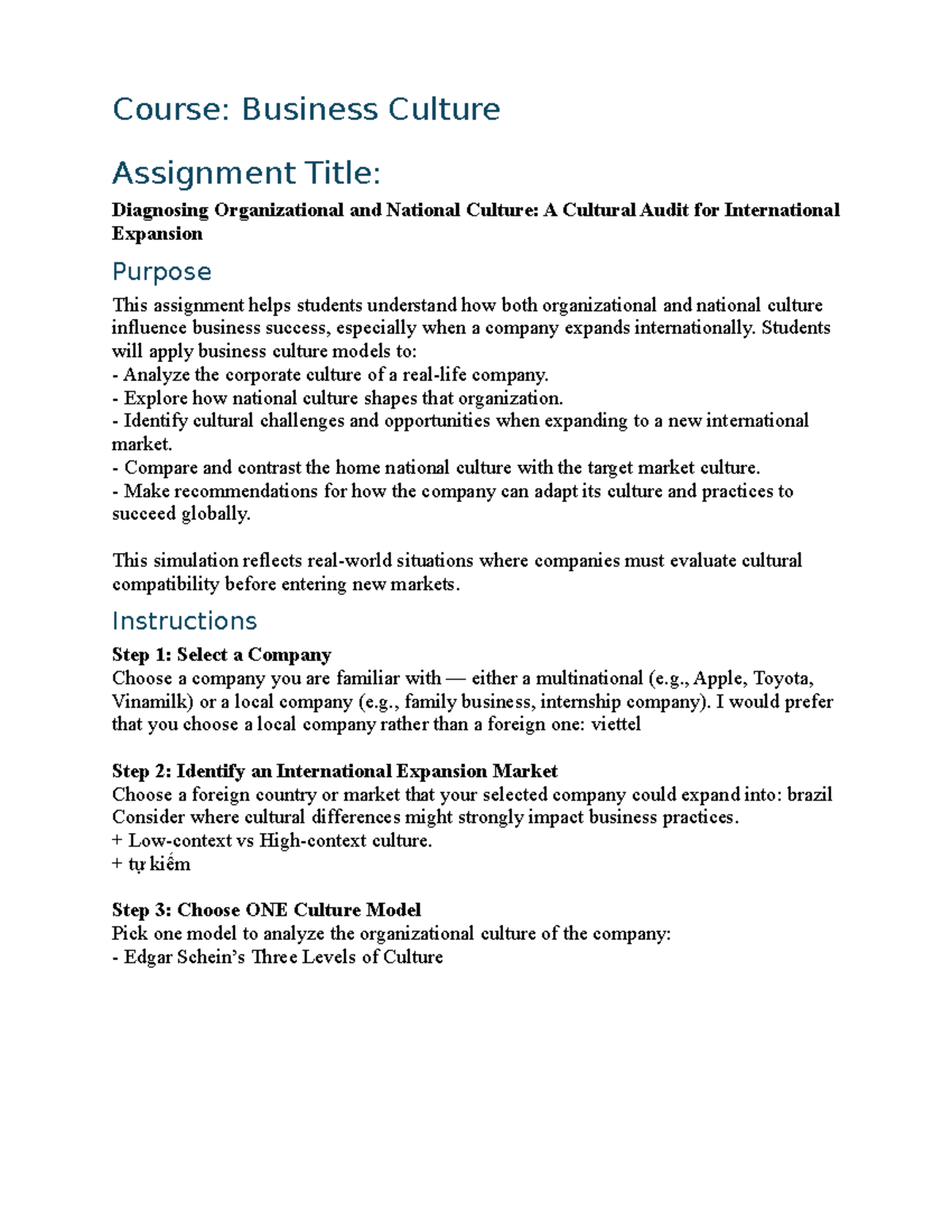 BUS 101: Cultural Audit for International Expansion Assignment - Studocu
