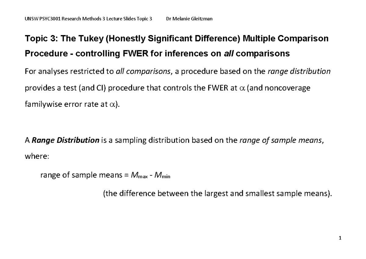 UNSW PSYC3001 Research Methods 3 Lecture Slides: Tukey Multiple ...