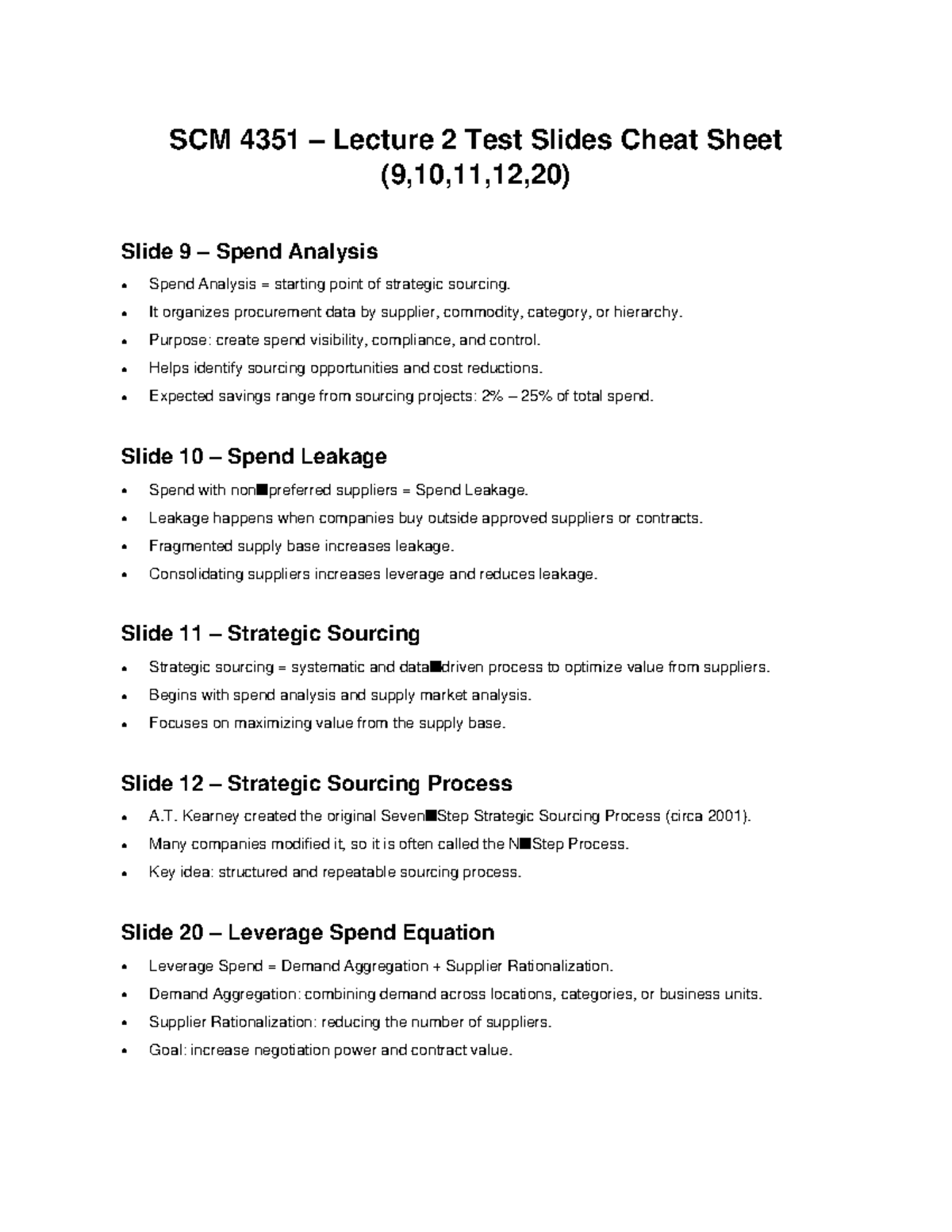 SCM 4351 – Lecture 2 Test Slides Cheat Sheet - Studocu