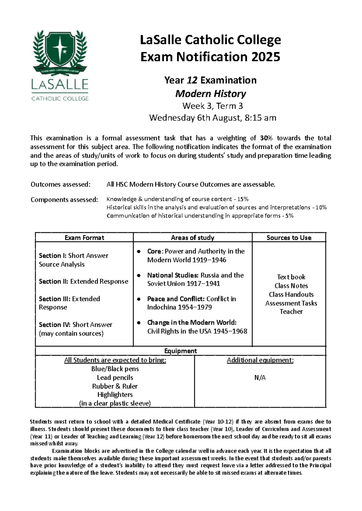 2025 LaSalle Catholic College Year 12 Modern History Exam Notice - Studocu