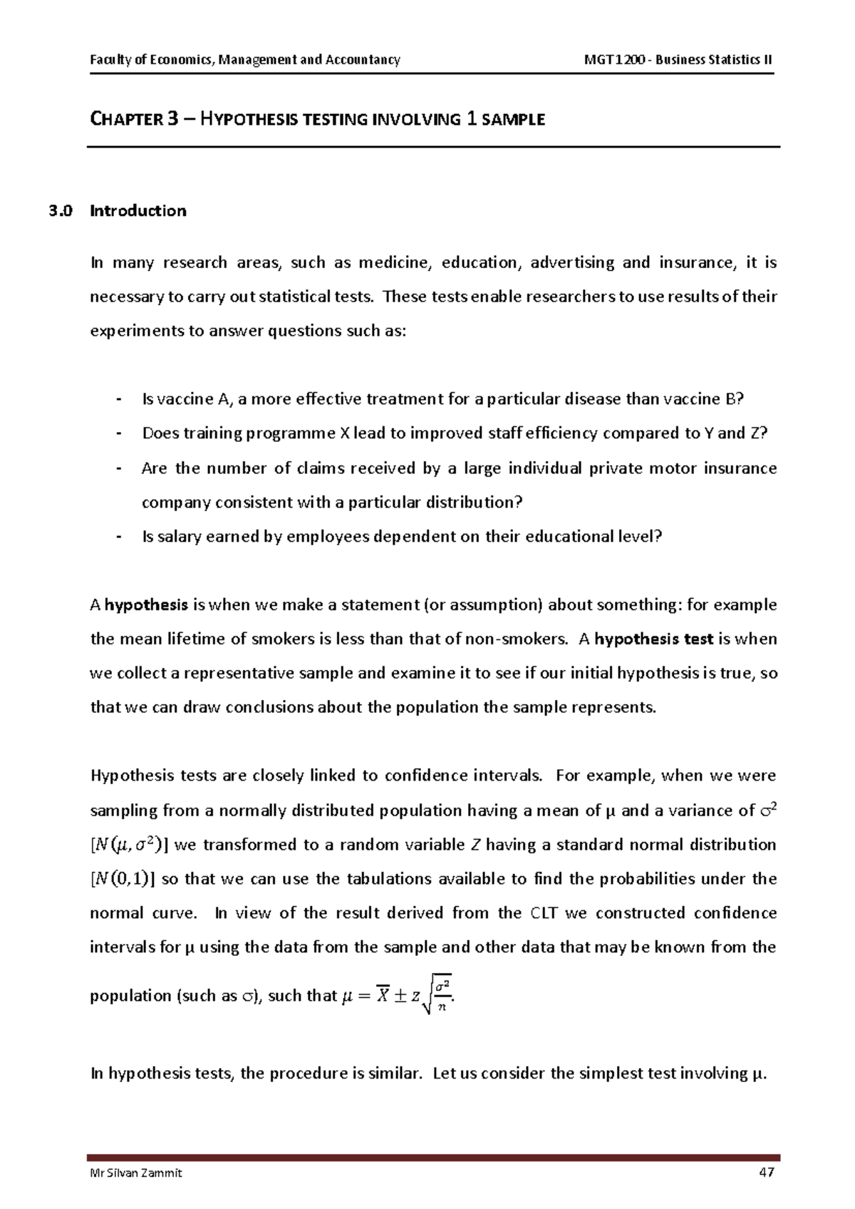 Chapter 3 - Hypothesis Testing with One Sample (STAT101) - Studocu