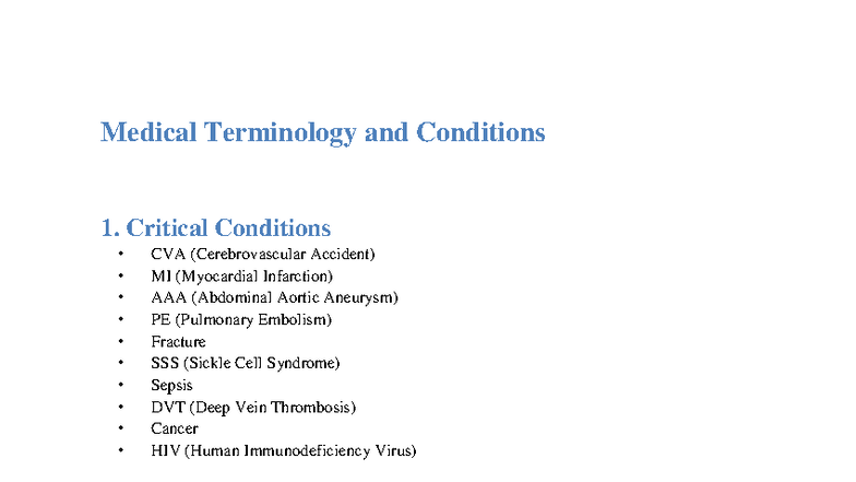 Medical Terminology & Conditions Overview 1759741595 - Studocu