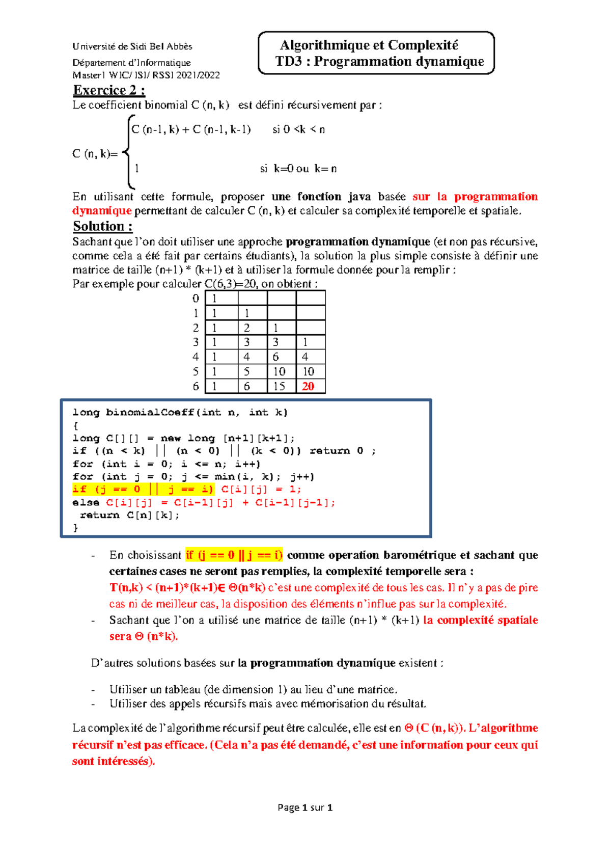 TD03: Dynamic Programming Solution for Binomial Coefficient C(n,k ...