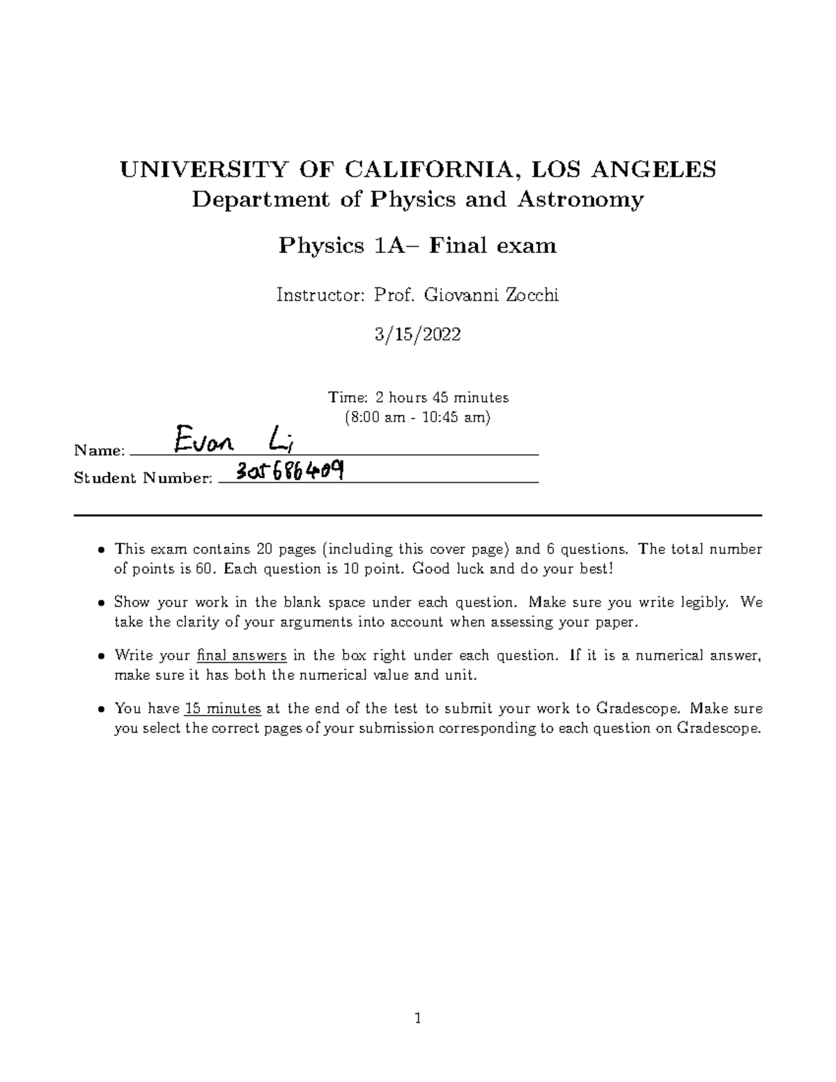 Final Exam 1A - Physics Practice Exam Questions and Solutions - Studocu
