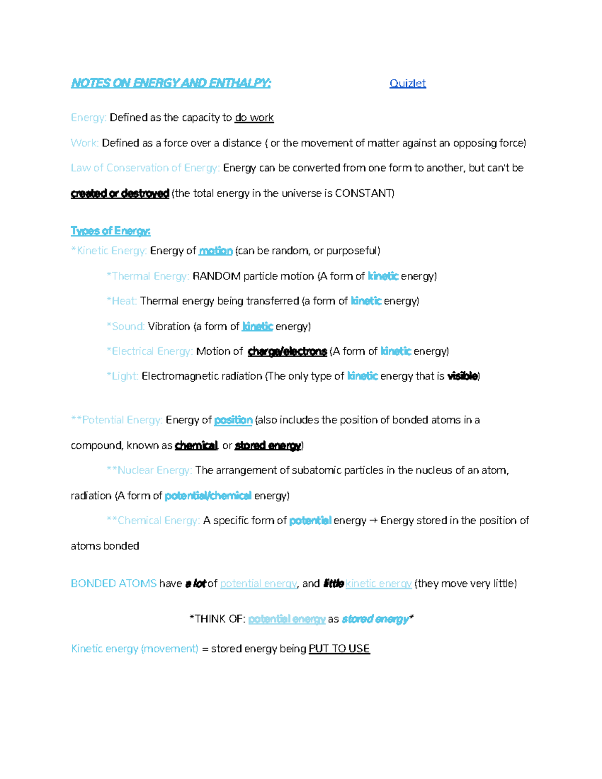 Quizlet Notes on Energy and Enthalpy Concepts - CHEM 101 Unit #7 - Studocu