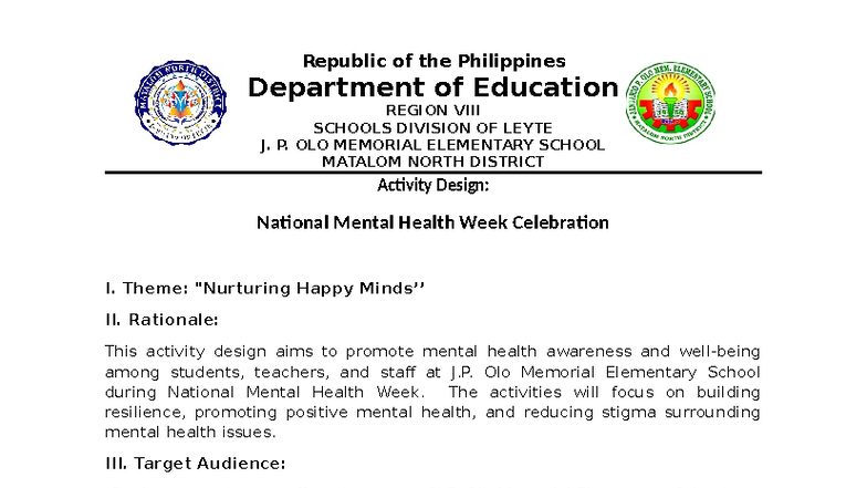 Activity Design: National Mental Health Week Celebration - Studocu