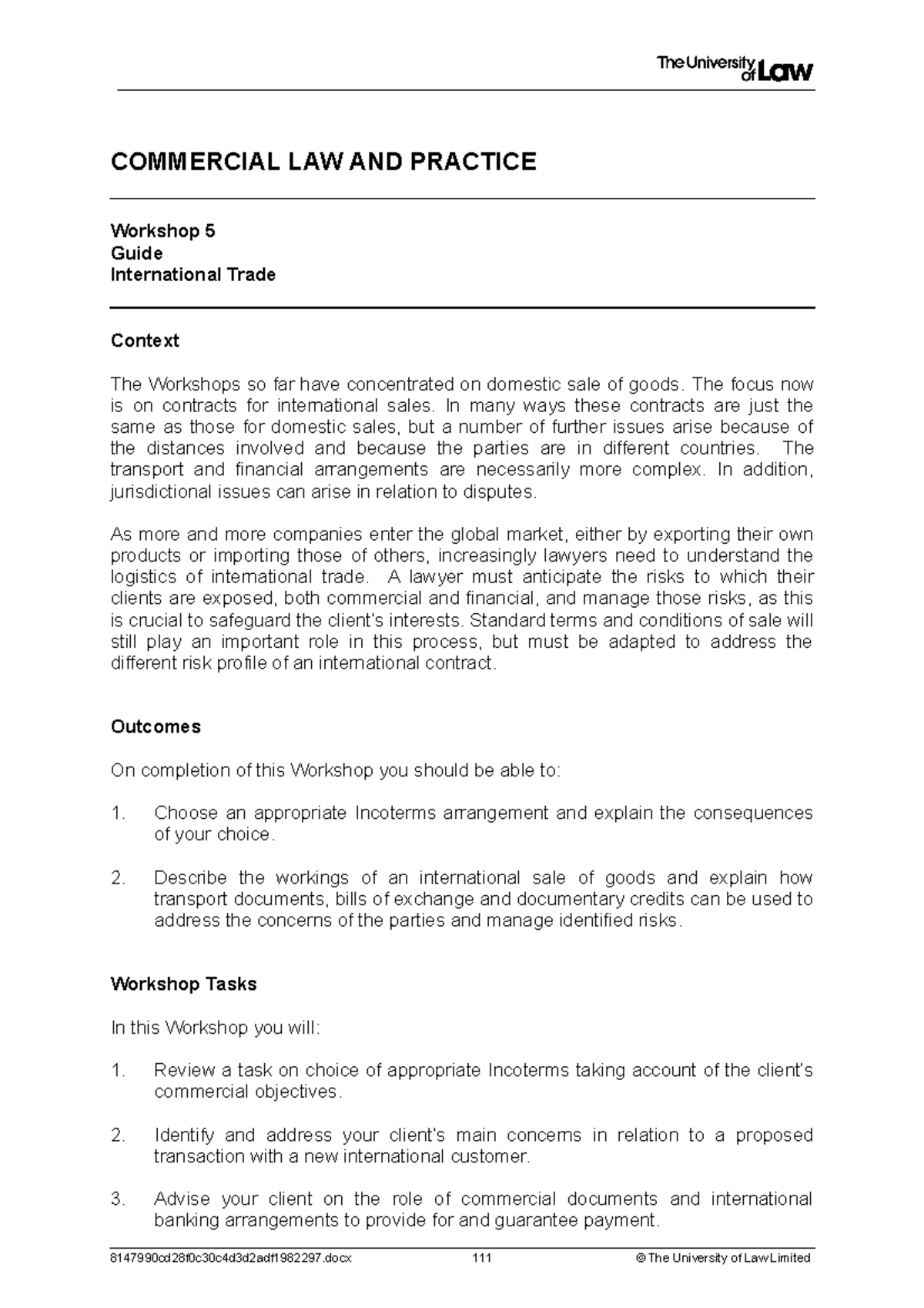 1920 comm ws05 ce01 guide - COMMERCIAL LAW AND PRACTICE Workshop 5 ...