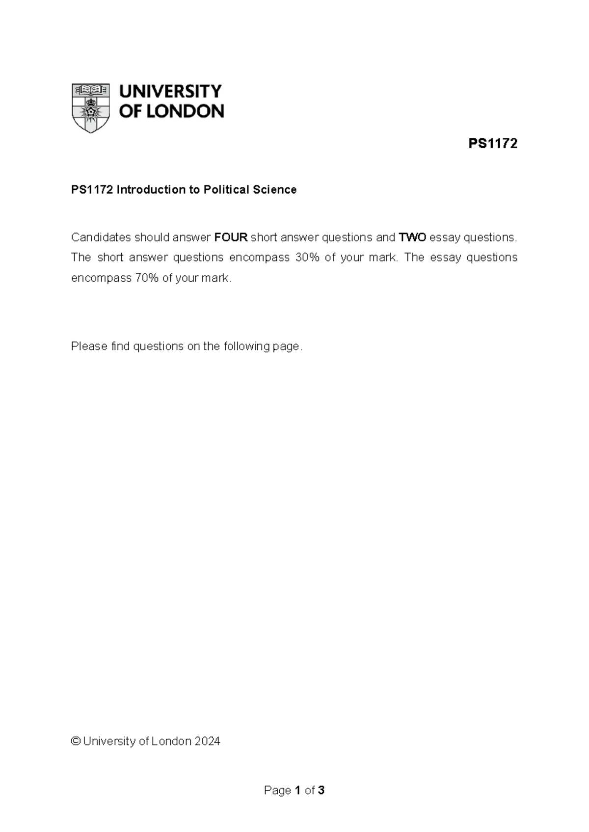 PS1172 Exam Paper - May 2024 - Page 1 of 3 PS PS1172 Introduction to ...
