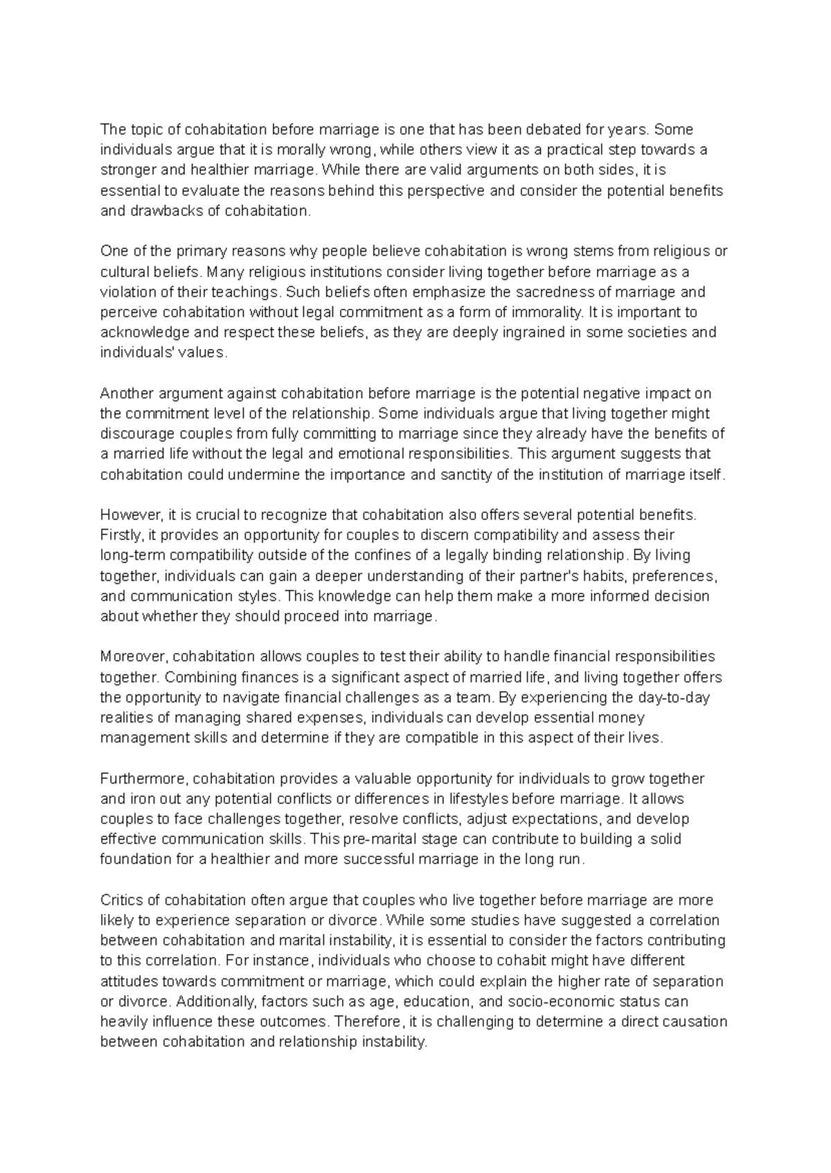 Cohabitation Before Marriage: Pros and Cons Essay Analysis - Studocu