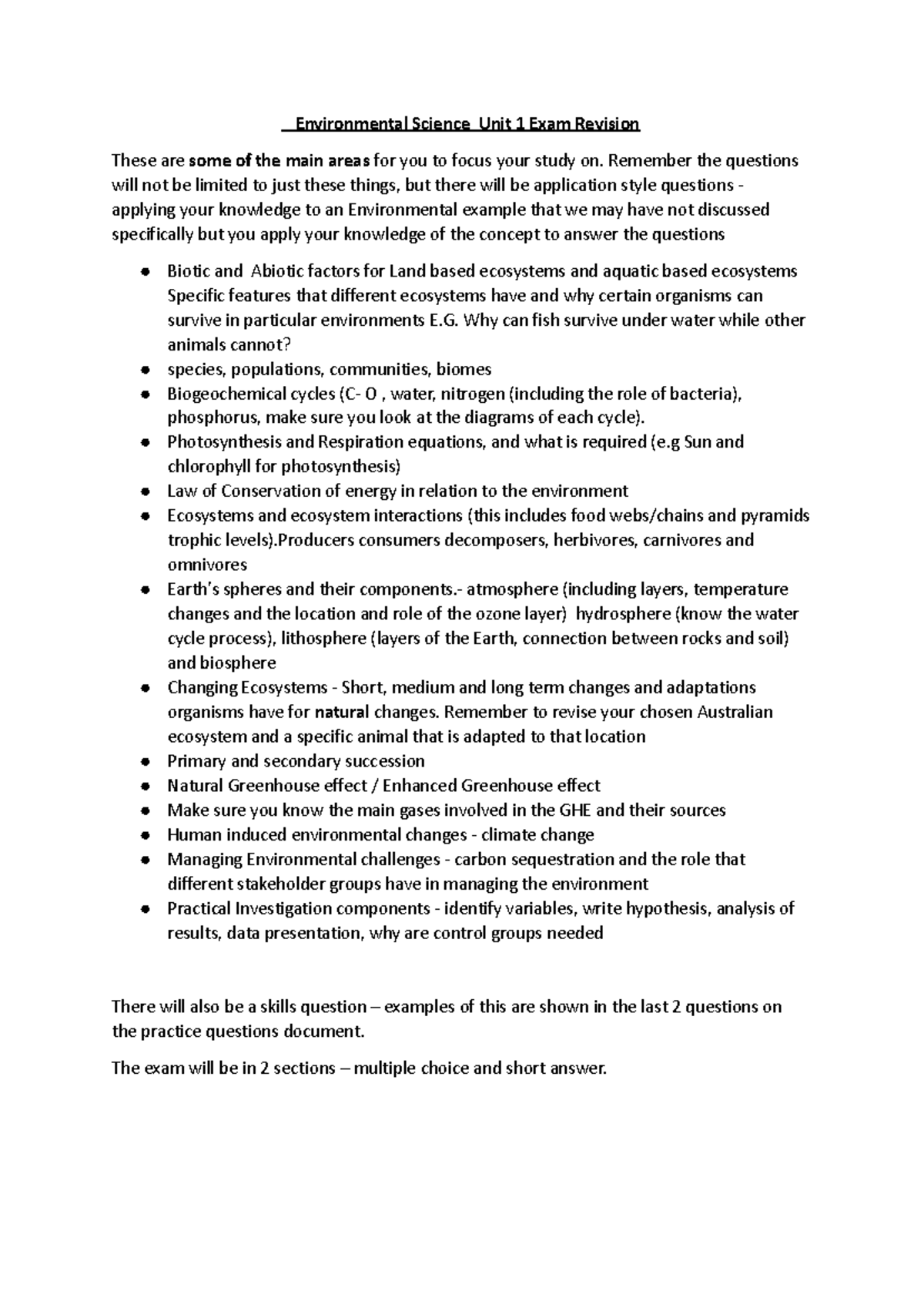 Environmental Science Unit 1 Final Exam Study Guide - Studocu