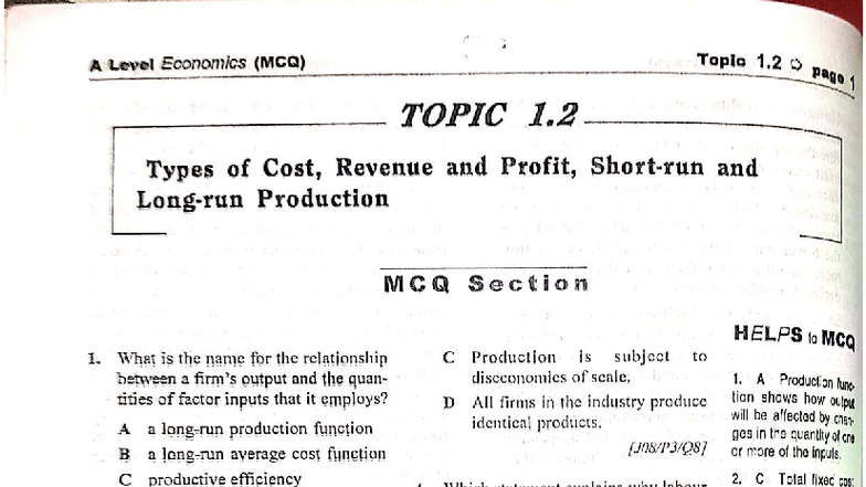 A Level Economics (MCQ) Topic 1.2: Types of Cost, Revenue, and Profit ...