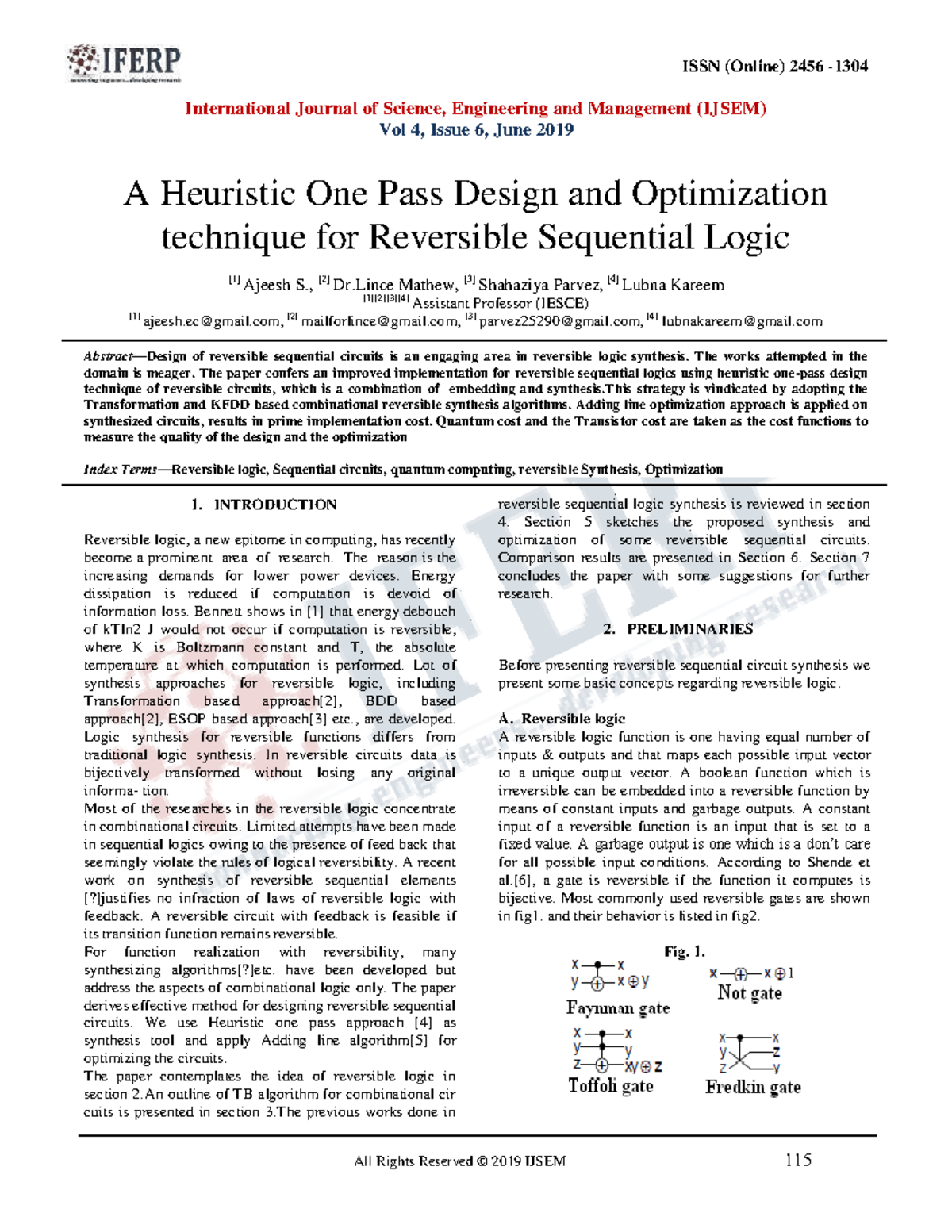 A Heuristic One-Pass Design & Optimization for Reversible Logic (IJSEM ...