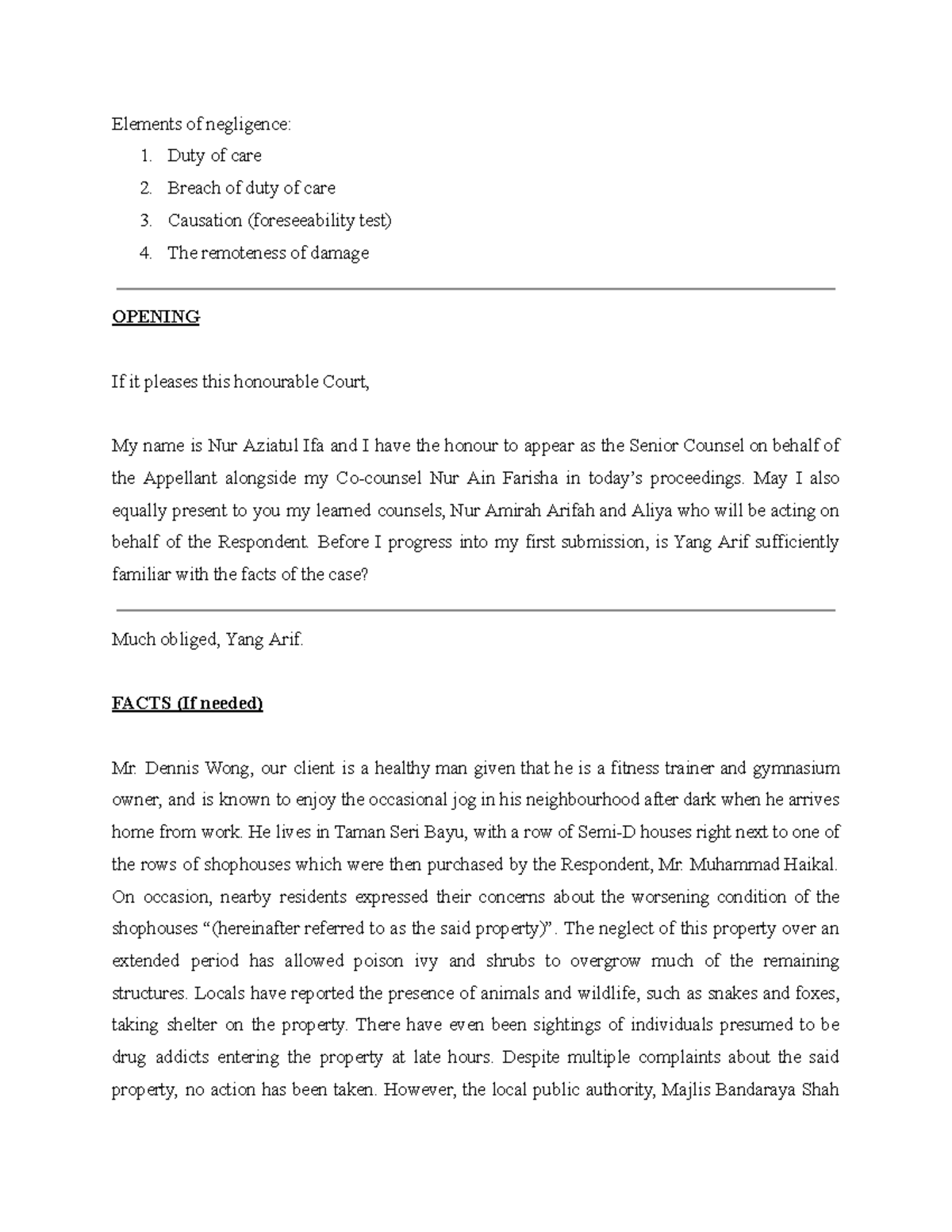 Mooting Script for Appellant: Negligence Elements in Legal Argument ...