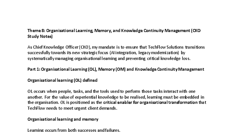 Theme 8 Organisational Learning Memory Knowledge Continuity