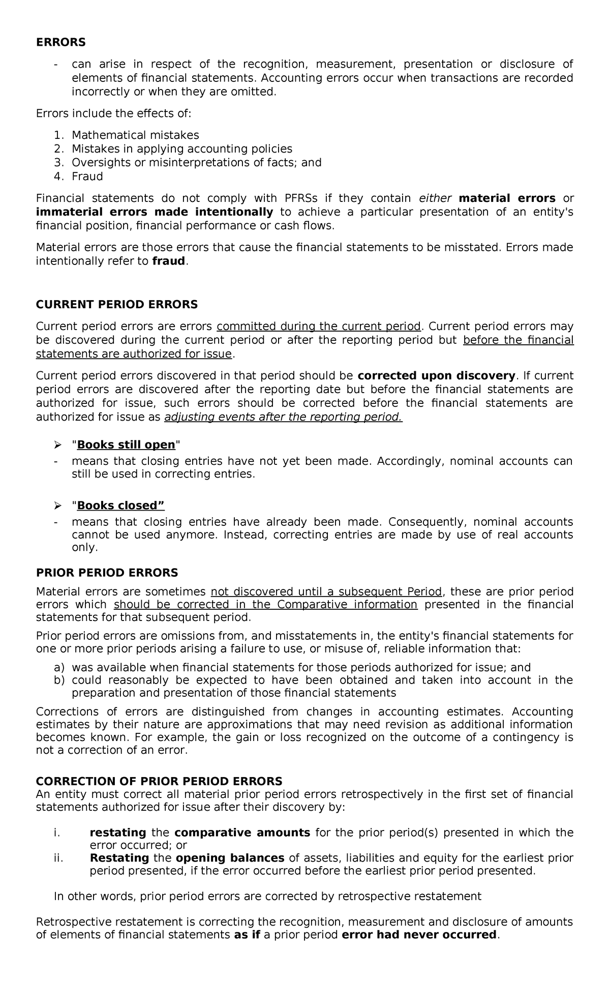 Prior Period Errors & Corrections in Accounting - Updated Notes - Studocu