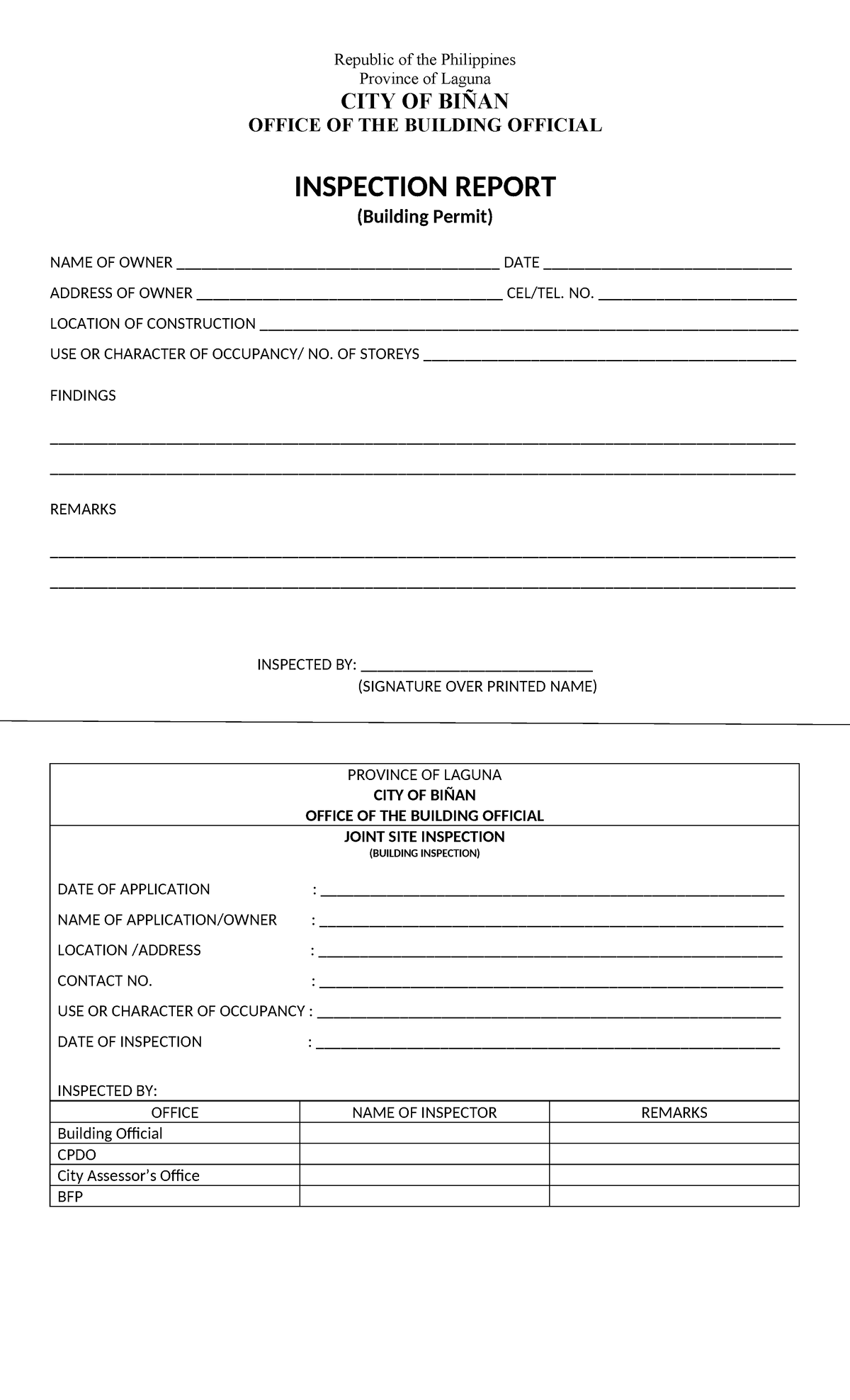 Inspection Report - Republic of the Philippines Province of Laguna CITY ...