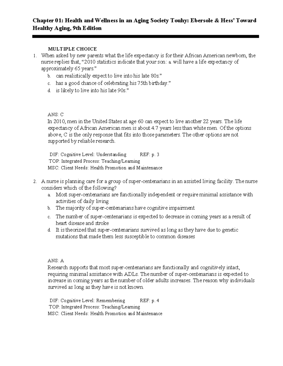 Aging Health and Wellness Test Bank for Nursing (NURS 101) - Studocu
