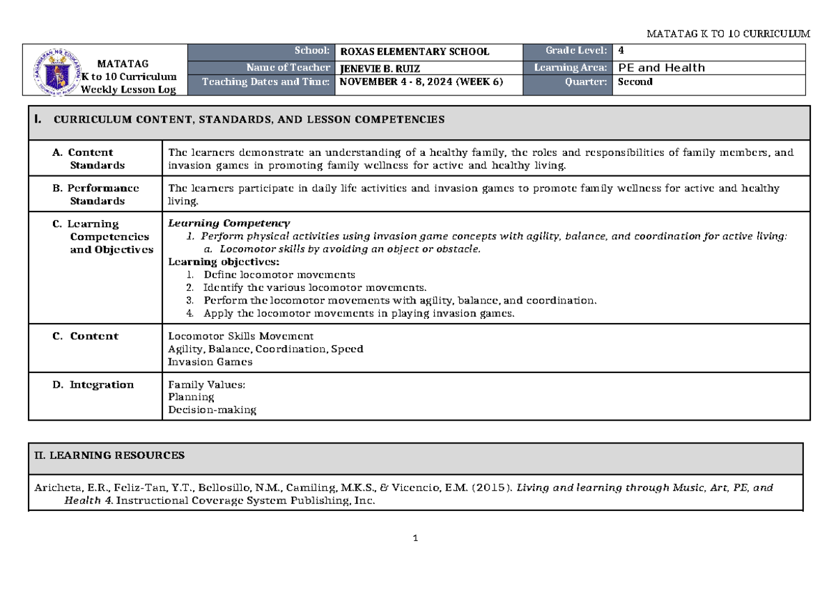 DLL Matatag PE & Health 4 Q2 WEEK 5-6 Lesson Plan Summary - Studocu