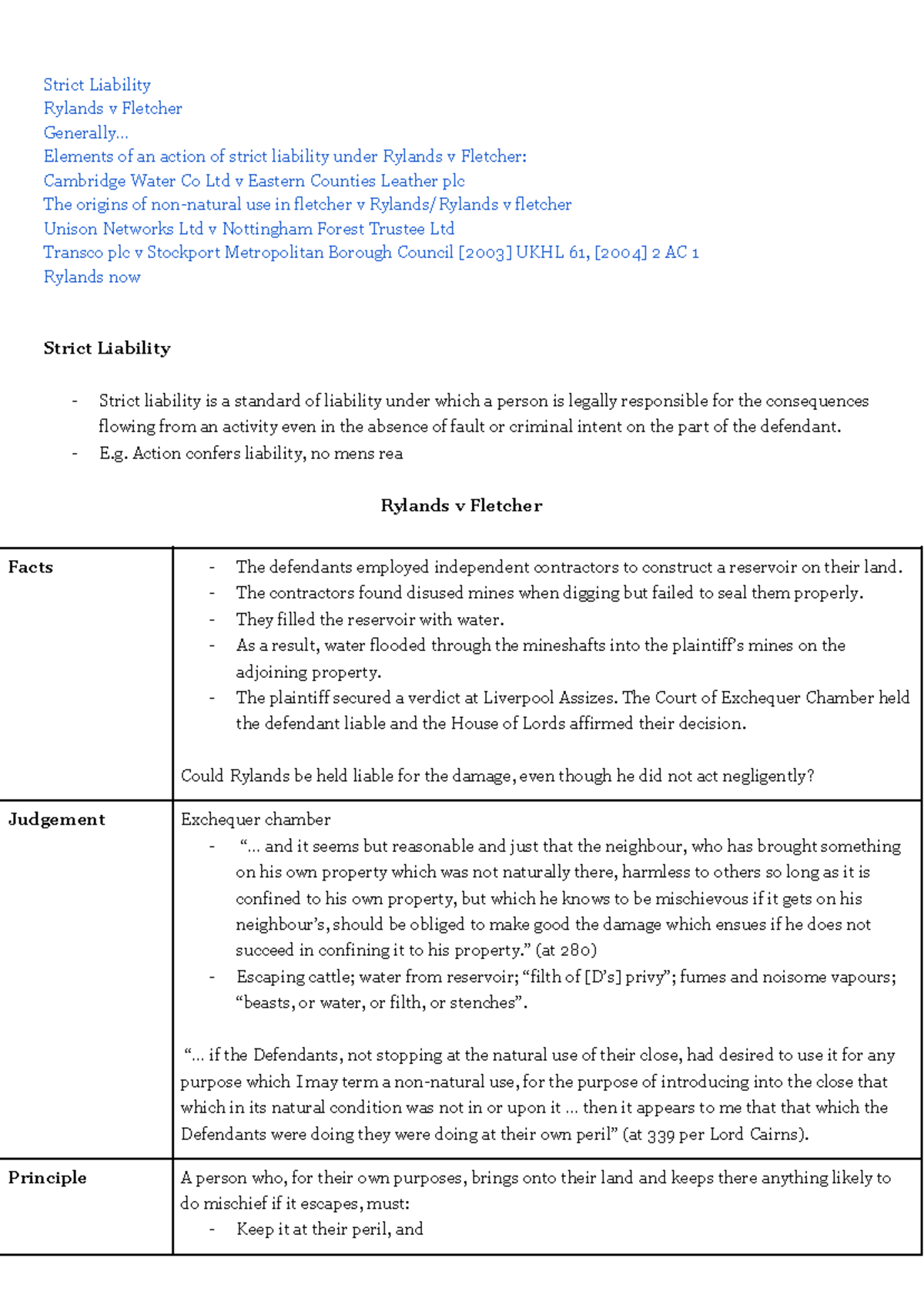 Strict Liability Under Rylands v Fletcher: Key Elements and Cases - Studocu