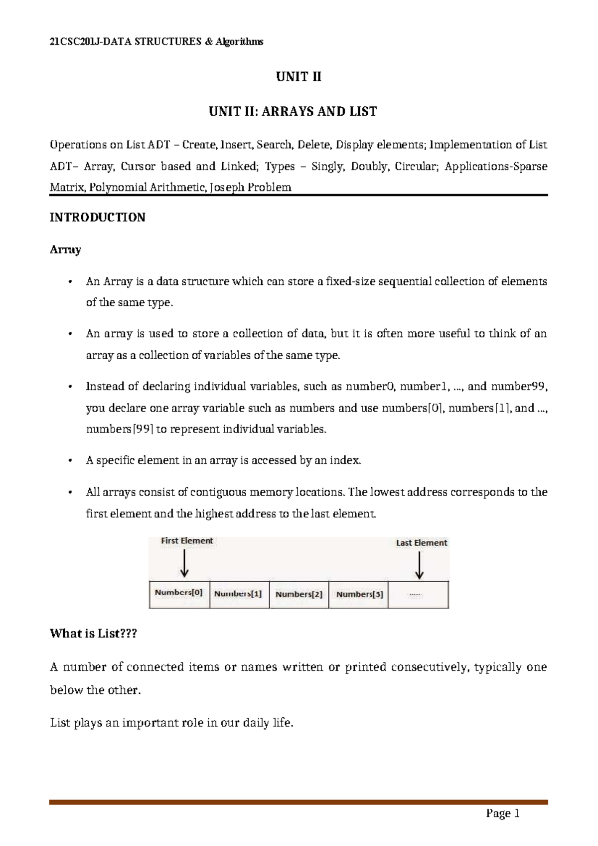 Unit II DSA: Arrays & List ADT Operations and Implementations - Studocu