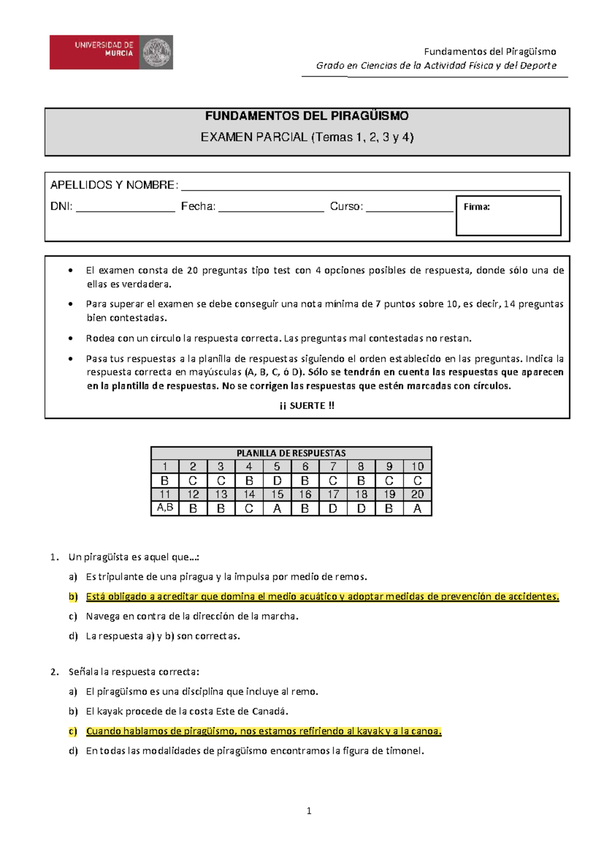 Examen Parcial FUNDAMENTOS DEL PIRAGÜISMO GAFD 2023 - Studocu