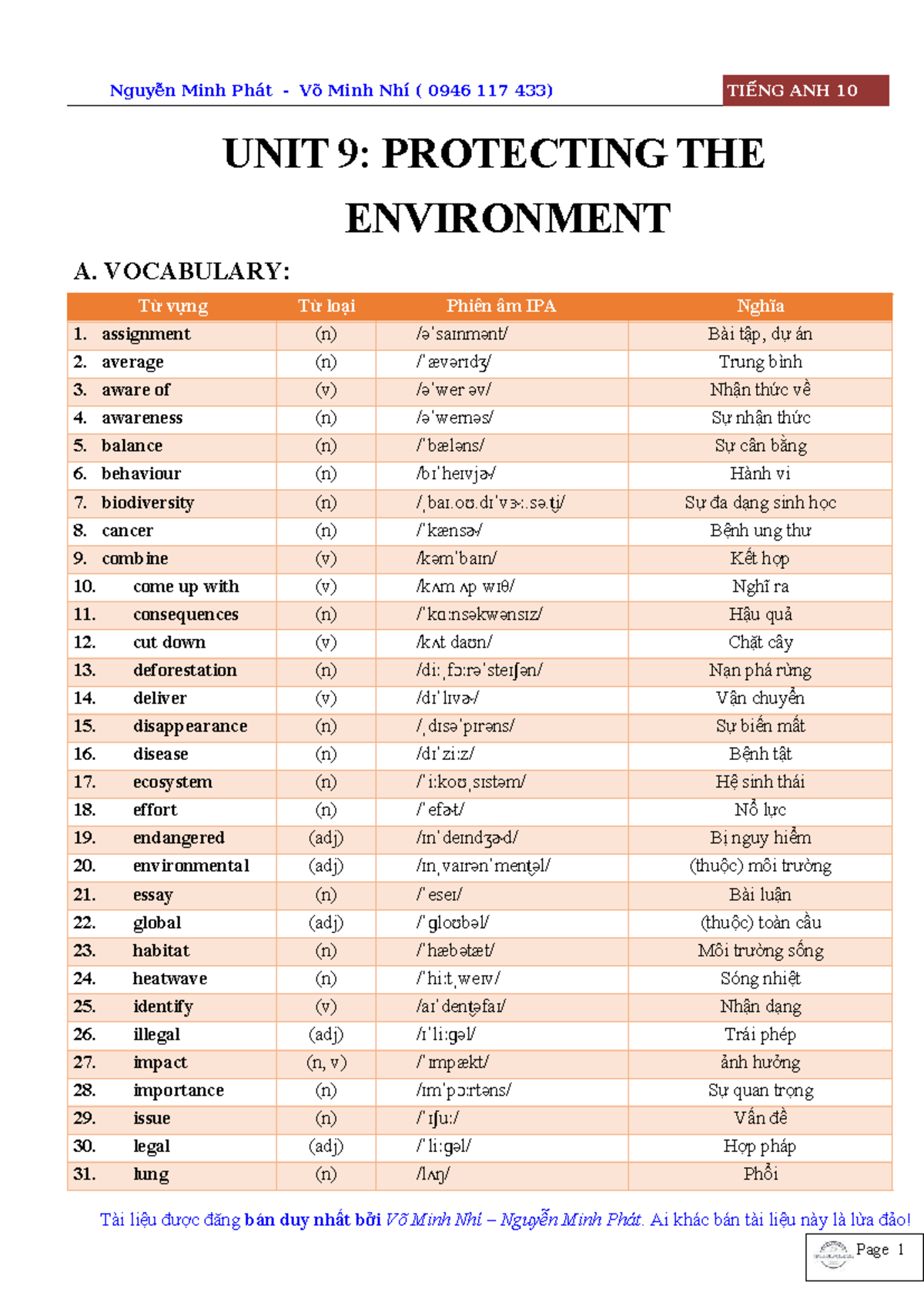 TIẾNG ANH 10 - UNIT 9: PROTECTING THE ENVIRONMENT - VOCAB & GRAMMAR ...