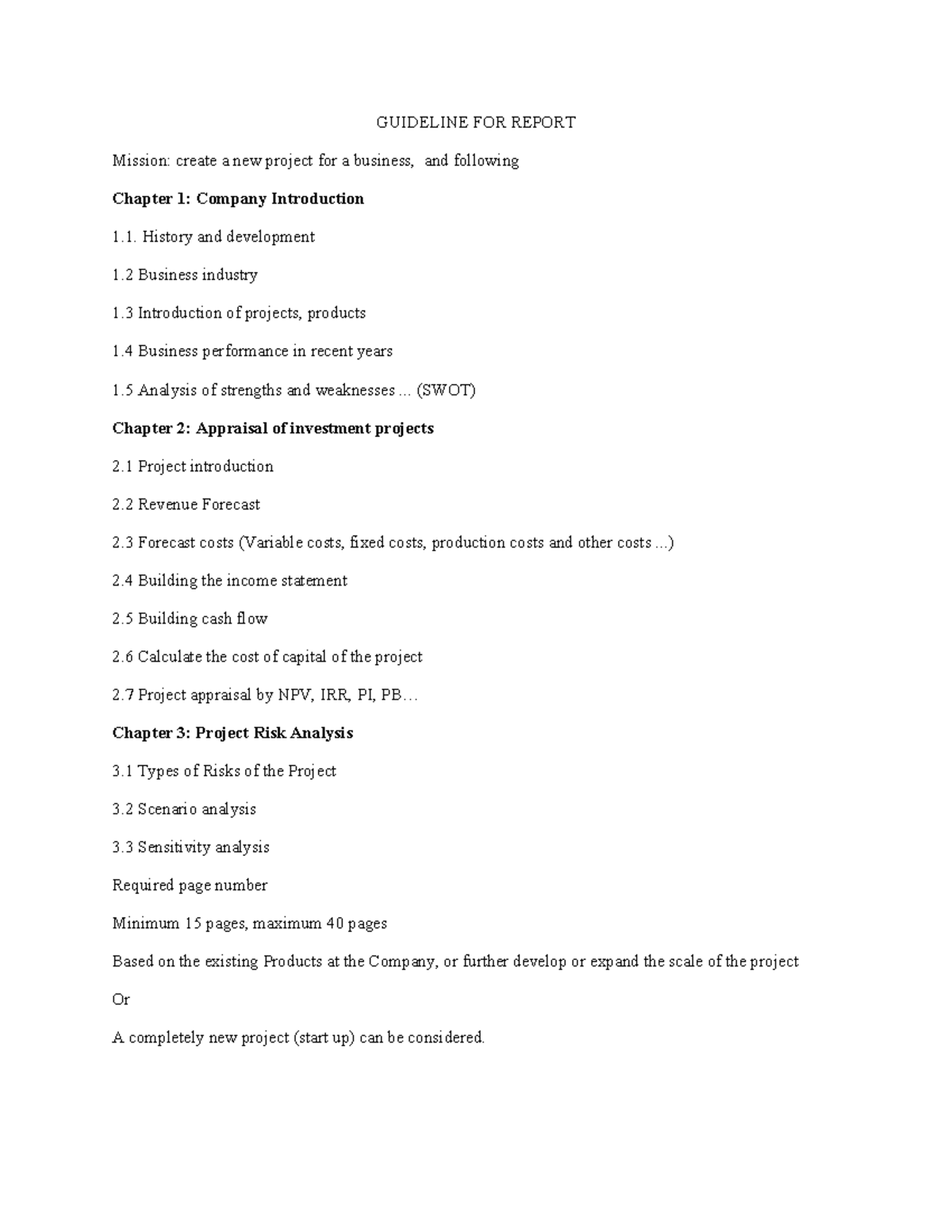 GUIDELINE FOR REPORT: Business Project Development & Analysis - Studocu