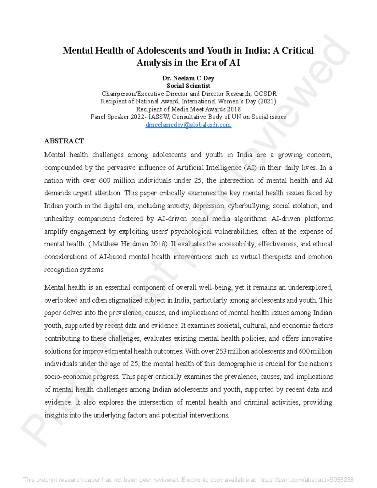 PG Course: Mental Health of Adolescents & Youth in India - An AI ...