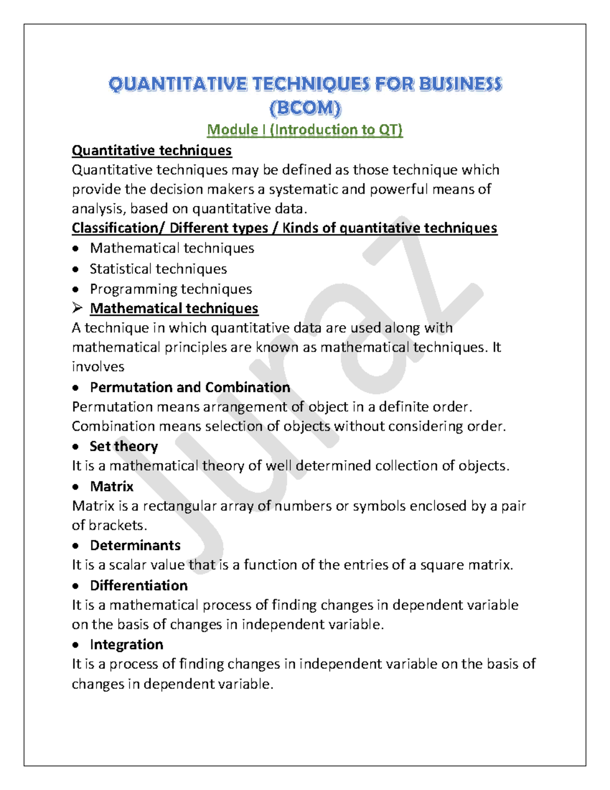 QT- Juraz- BCOM - Short Notes on Quantitative Techniques and Decision ...