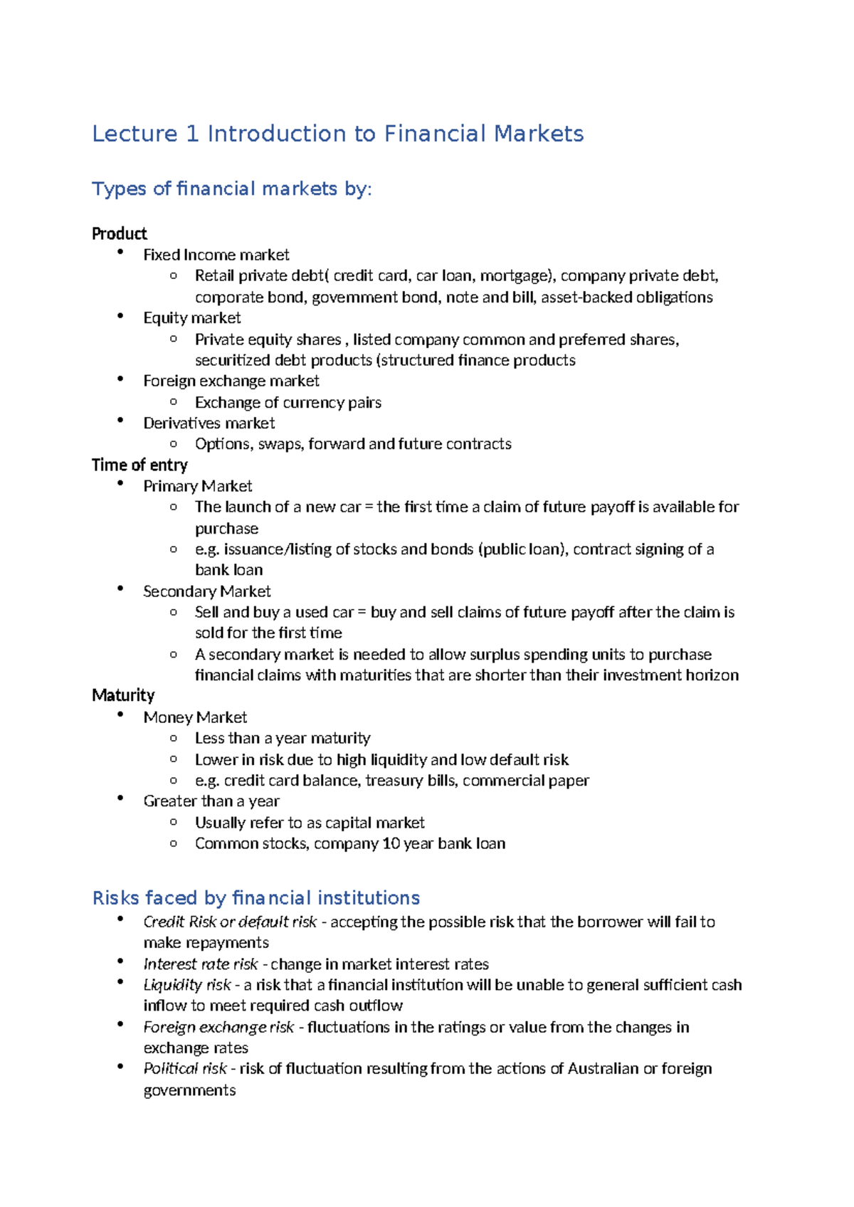 EFB 201 Final Exam Notes: Overview of Financial Markets and Risks - Studocu