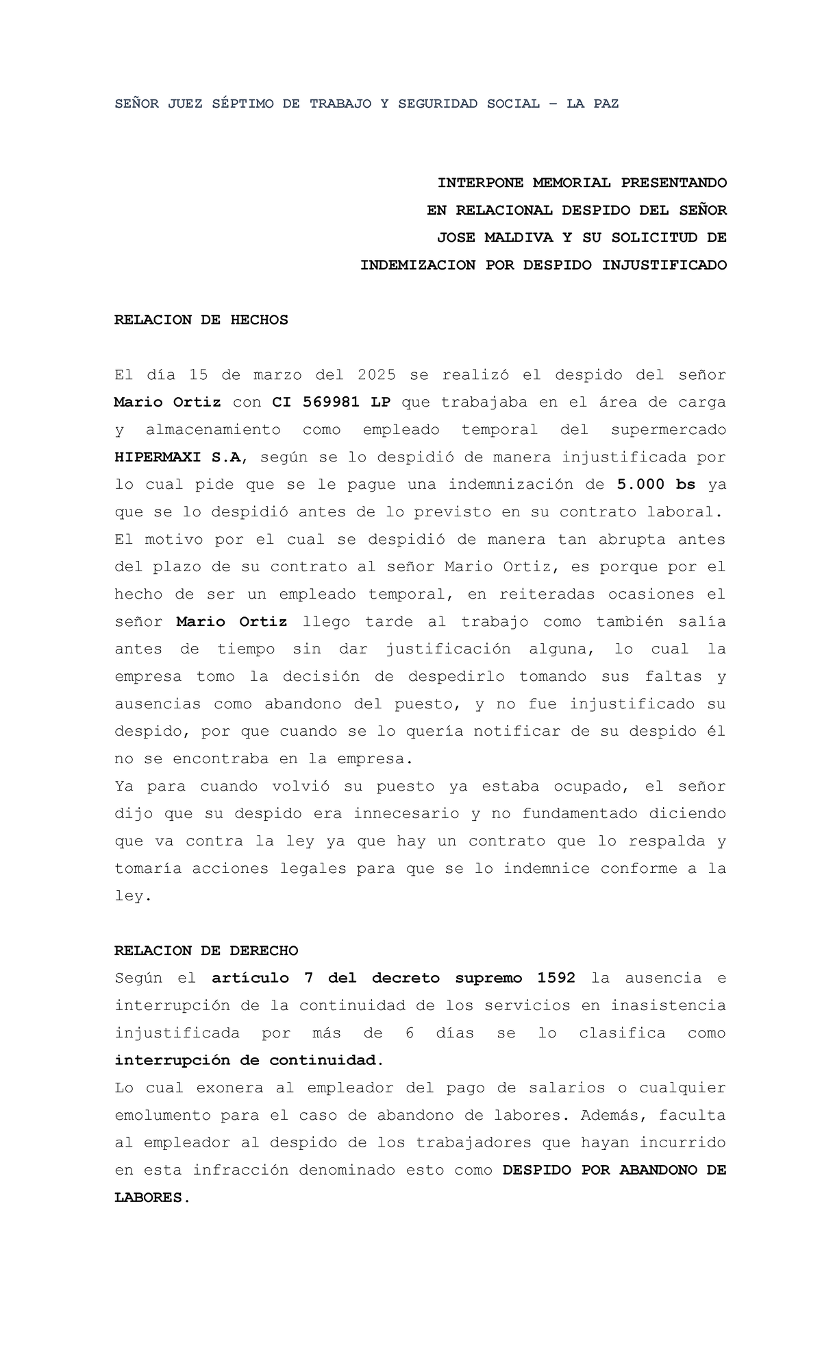 Memorial de Despido Injustificado de Mario Ortiz - Caso Laboral - Document Preview