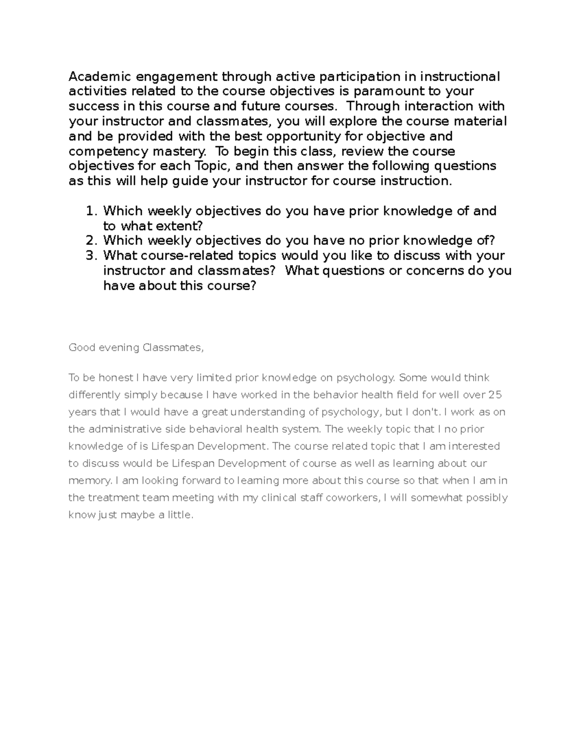 Psy-102-0500: Active Engagement and Participation Reflection - Studocu