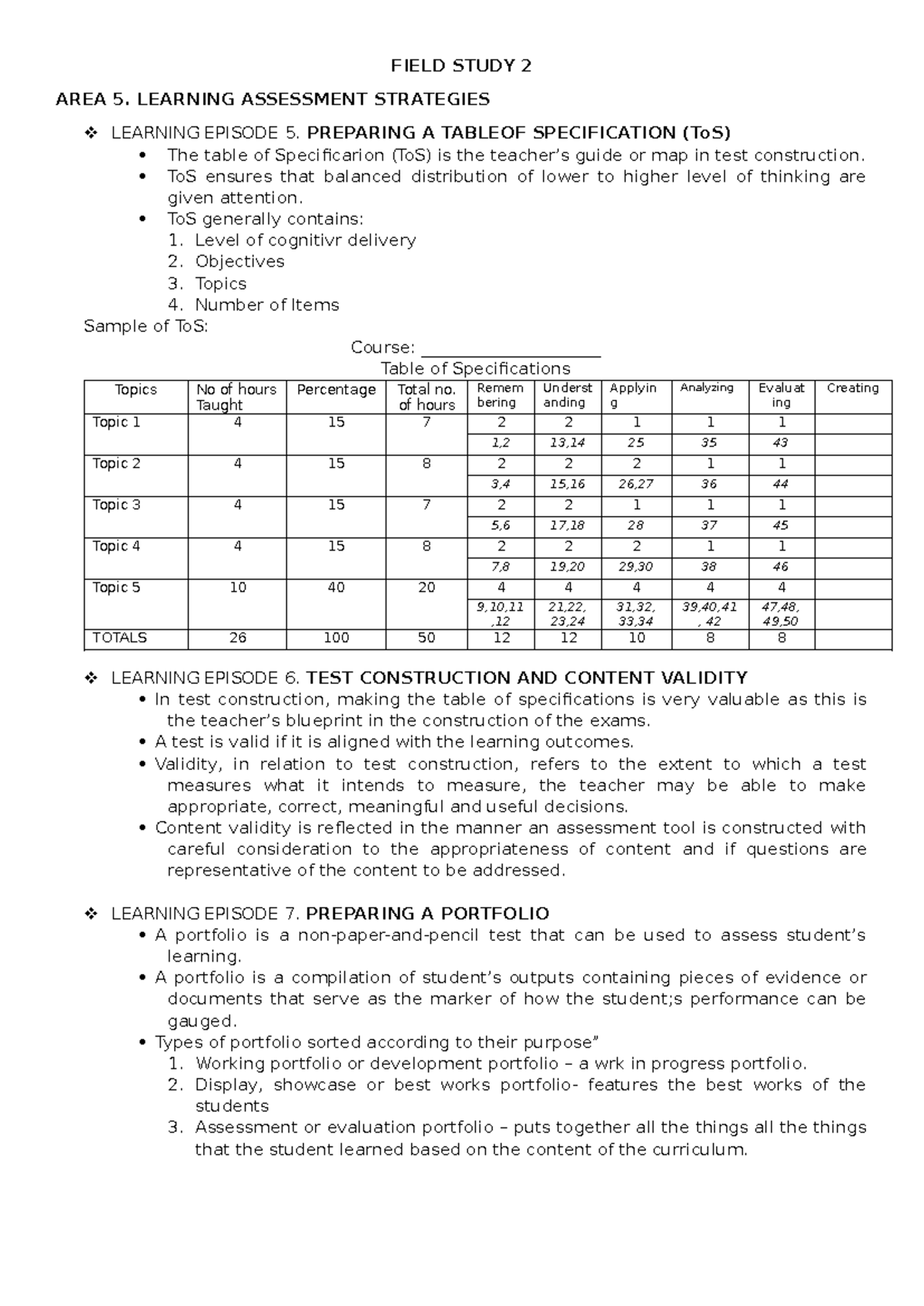 FIELD STUDY 2 AREA 5: Learning Assessment Strategies & ToS - Studocu