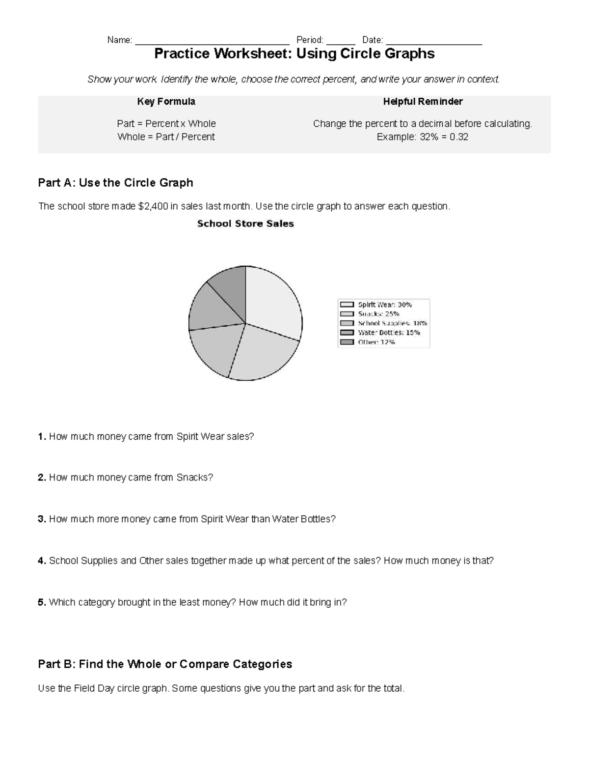 Algebra 1 Circle Graph Application Practice Worksheet - Studocu