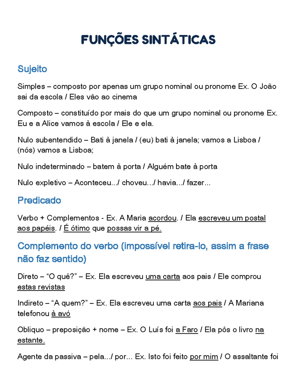 Funções Sintáticas: Resumo para o 10º Ano de Português - Studocu