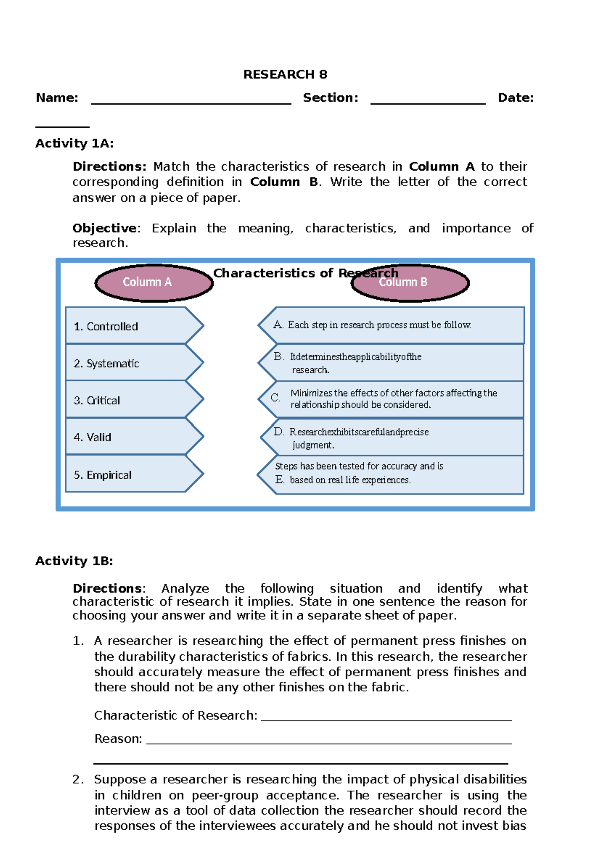 1ST Activity Research 8: Characteristics and Importance of Research ...