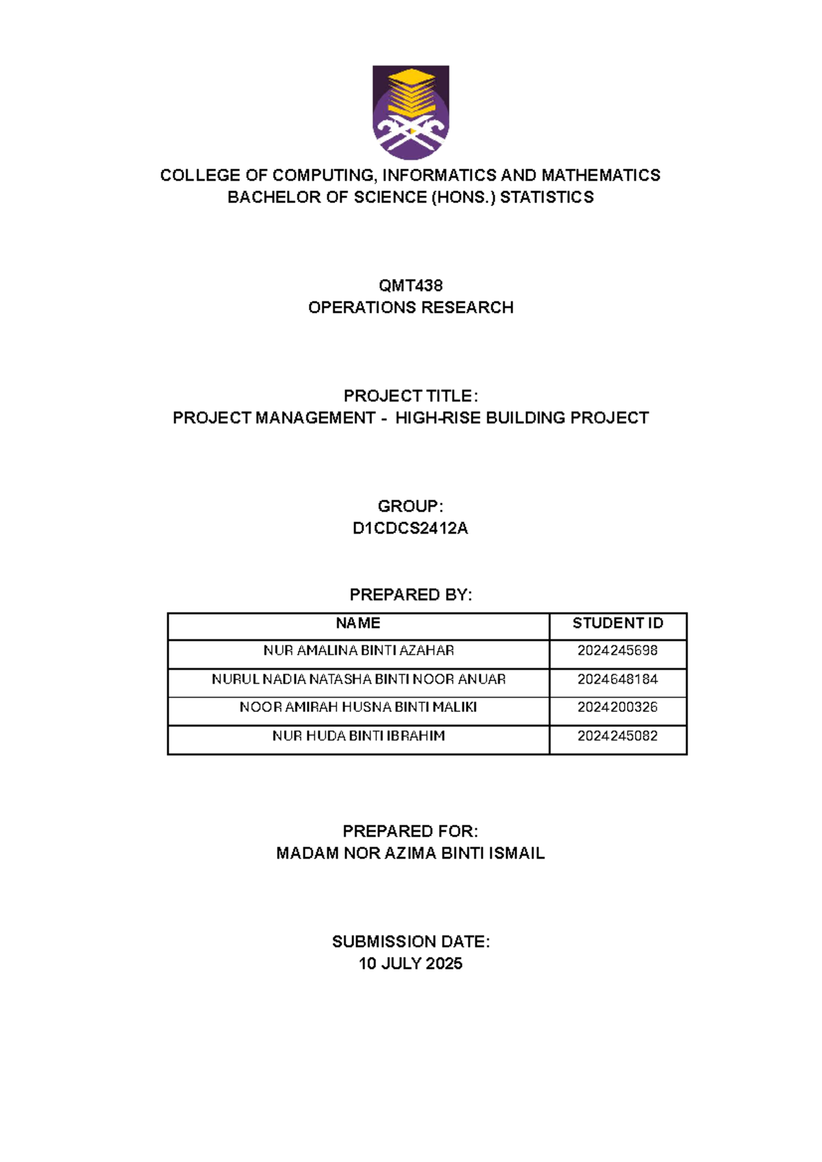 QMT438 Operations Research Project: Project Management Case Study - Studocu