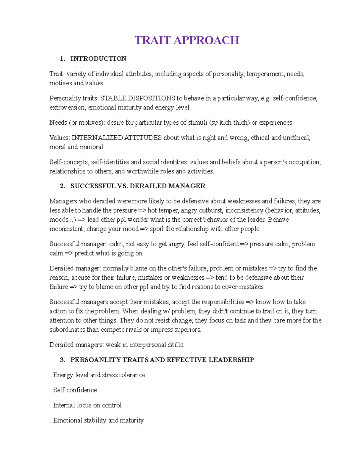 TRAIT APPROACH OF LEADERSHIP - TRAIT APPROACH 1. INTRODUCTION Trait ...