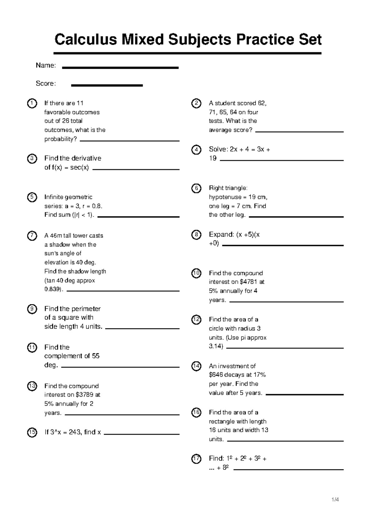 Calculus Mixed Subjects Practice Set 3: Problem Solutions and Answers ...