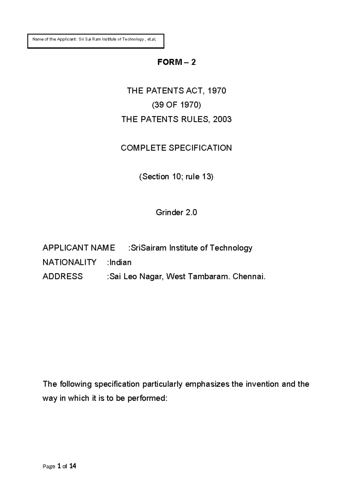 Grinder 2.0: Complete Specification and Claims - Form 2 Submission ...