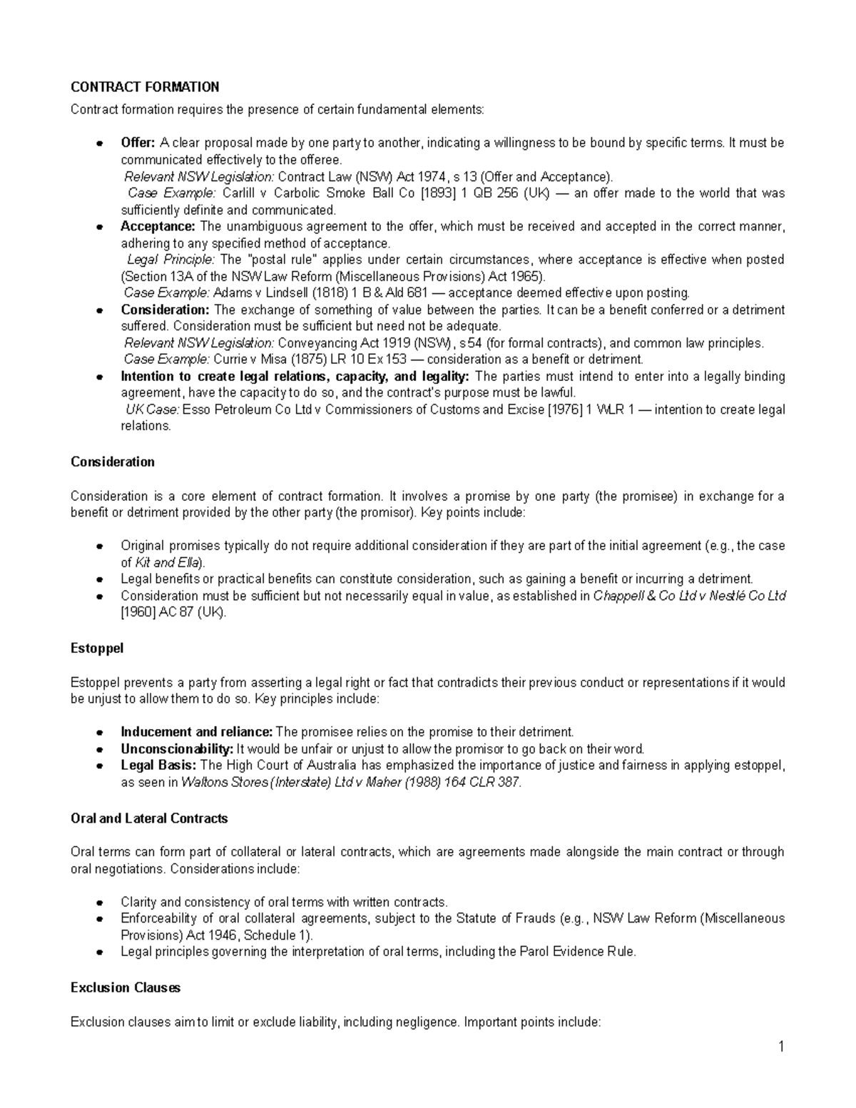 Contracts Law Exam Notes (LAW101) - Key Principles & Case Studies - Studocu