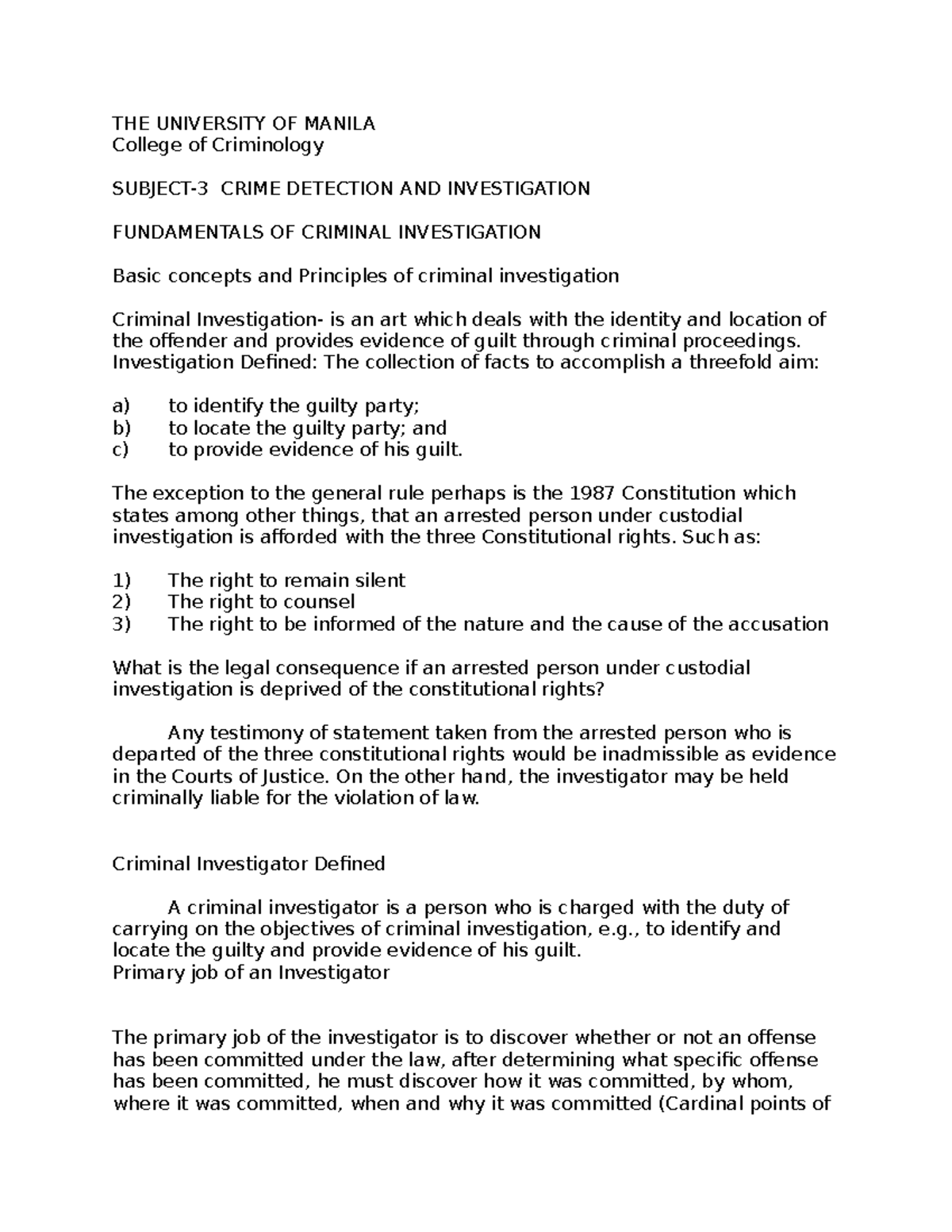 C.I 3 - Fundamentals of Criminal Investigation: Key Concepts ...
