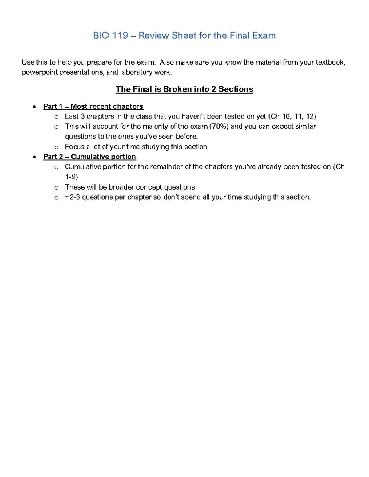 BIO 119 Final Exam Review Sheet: Key Concepts & Study Guide - Studocu