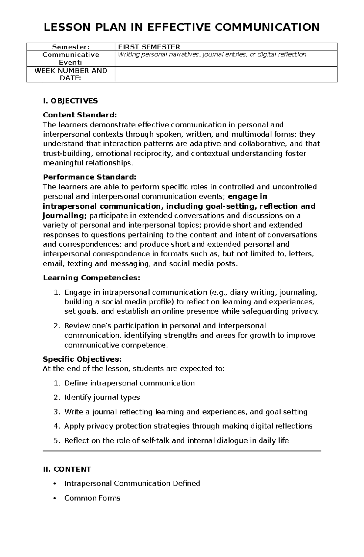 LESSON PLAN: EFFECTIVE COMMUNICATION (COMM 101) - WEEK 1 - Studocu