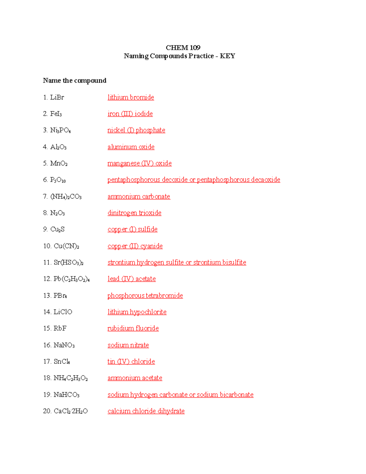 CHEM 109 Naming Compounds Practice - KEY and Solutions - CHEM 109 ...