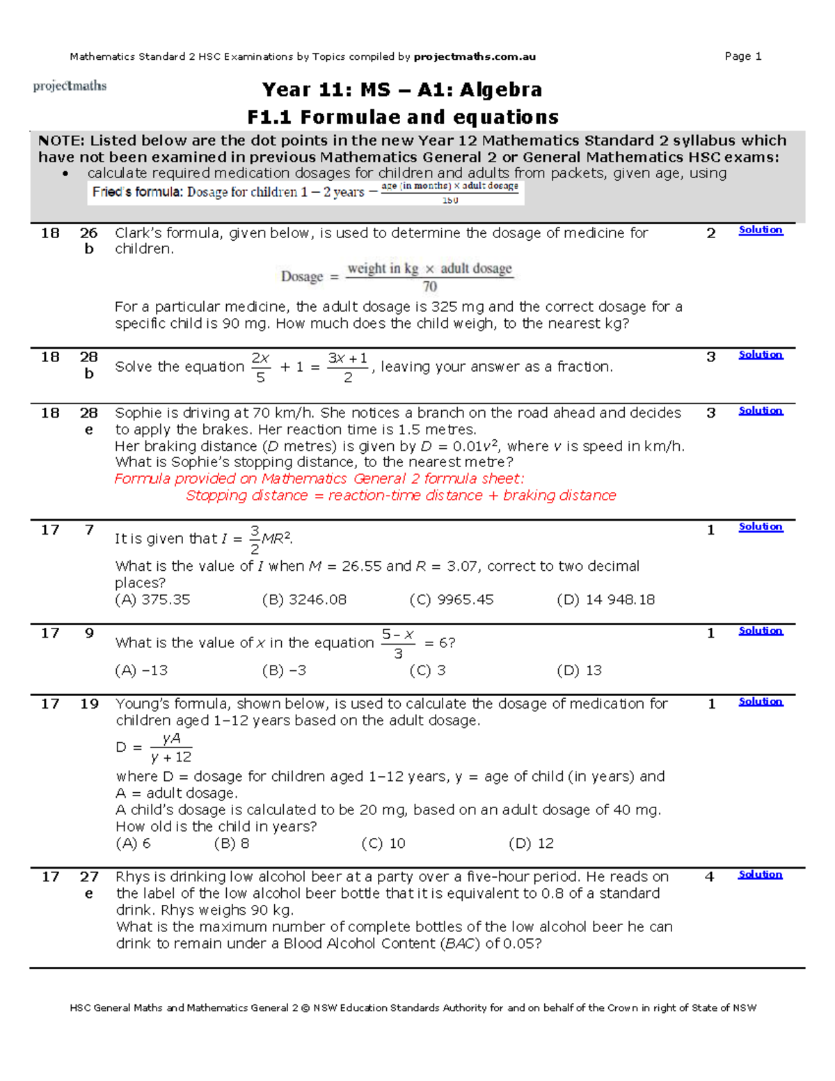 Y11 Mathematics Standard 2: Formulae & Equations HSC Exam Guide - Studocu
