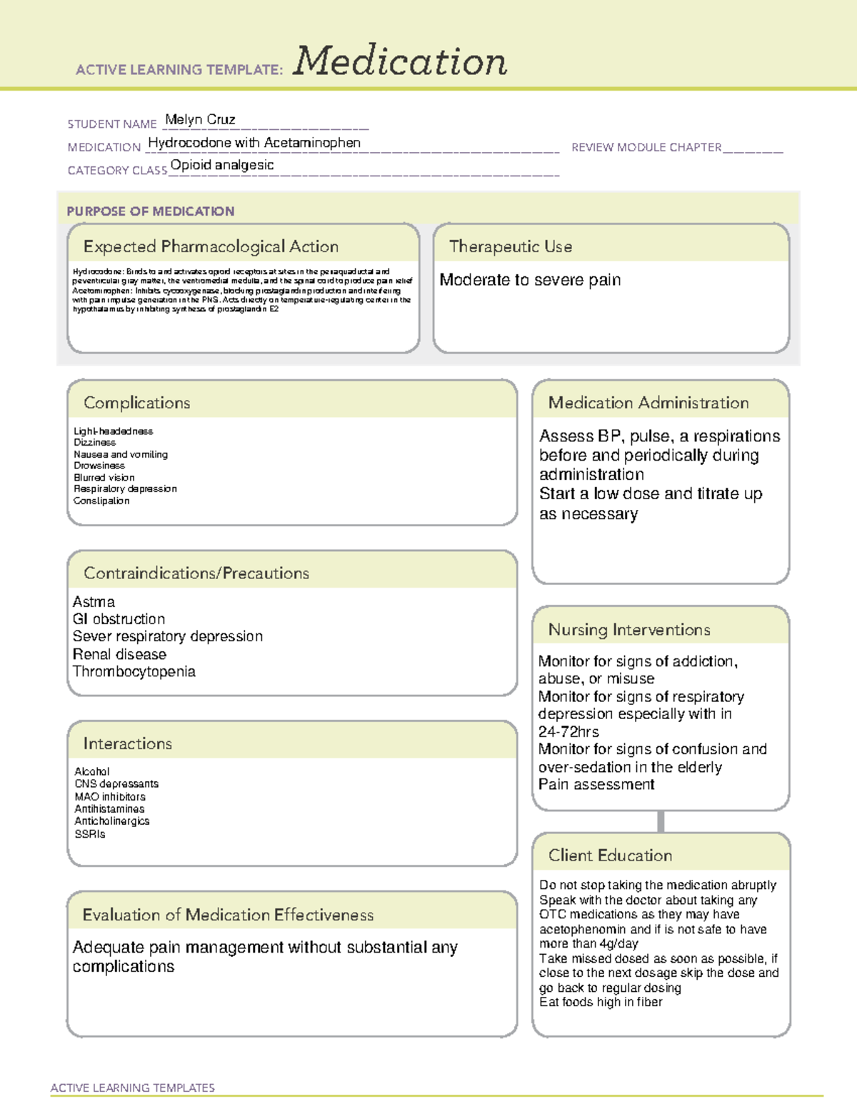 Active Learning Template: Hydrocodone with Acetaminophen Overview - Studocu