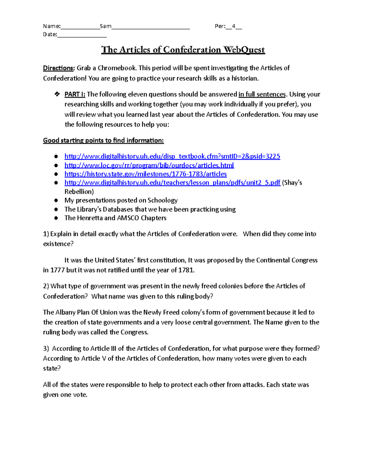 Articles of Confederation WebQuest: Exploring History & Government ...