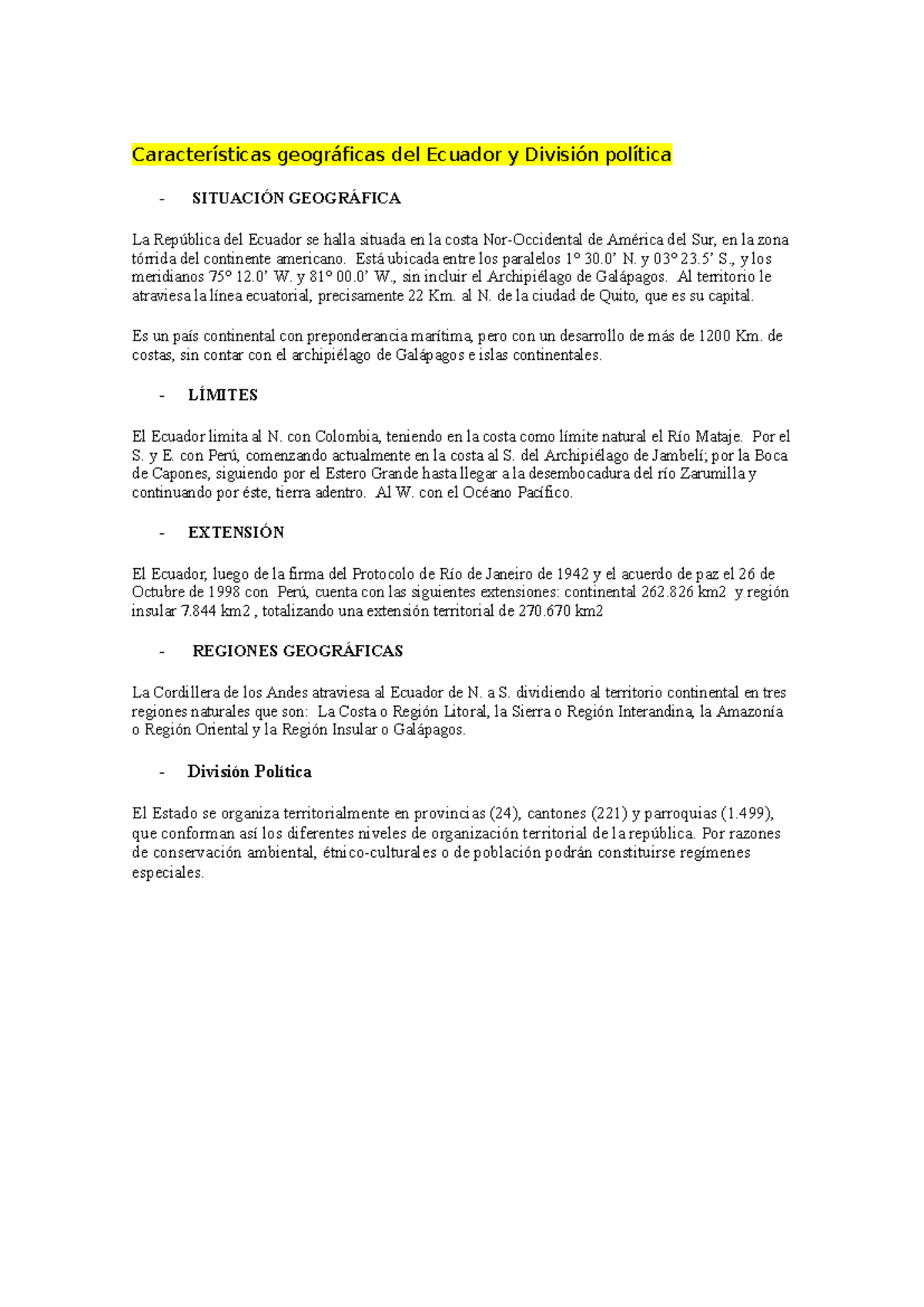 Características Geográficas y División Política de Ecuador: Un Estudio - Document Preview